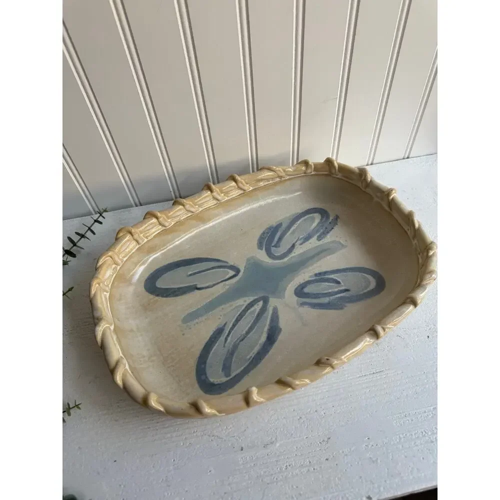 Handmade Ceramic Basket-Weave Tray | Artist Signed Pottery Blue Abstract Motif